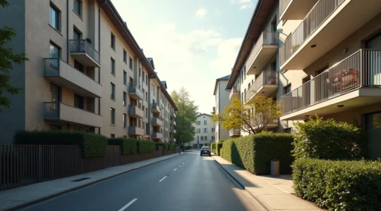 Vue réaliste et épurée d'une rue emblématique de Lausanne avec des bâtiments résidentiels modernes et classés, lumière naturelle douce, composition en thirds, espace négatif clair