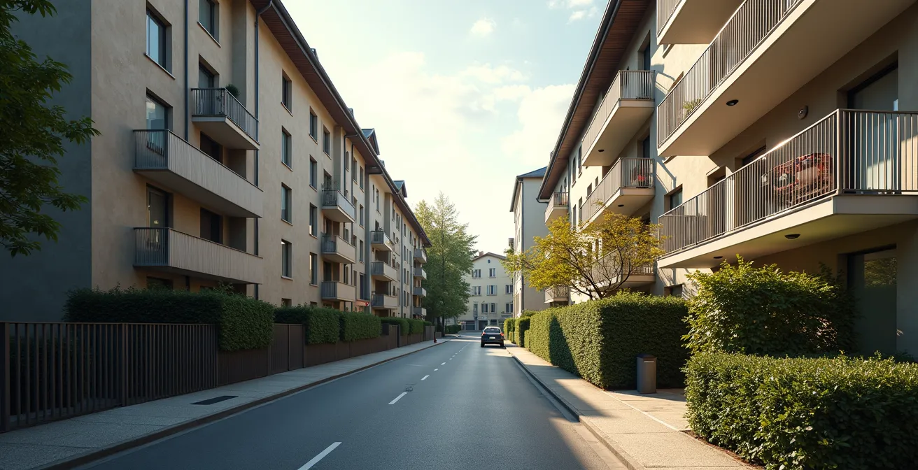 Vue réaliste et épurée d'une rue emblématique de Lausanne avec des bâtiments résidentiels modernes et classés, lumière naturelle douce, composition en thirds, espace négatif clair