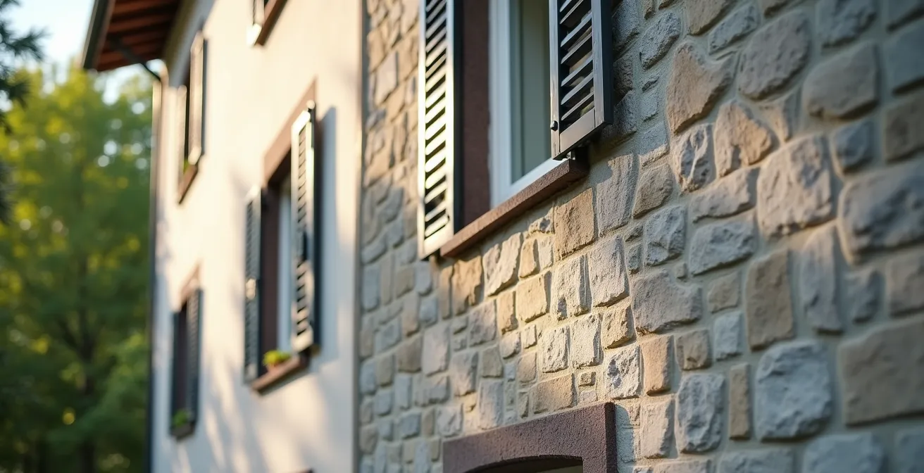 Gros plan sur la texture d'une façade d'immeuble typique lausannois en lumière naturelle