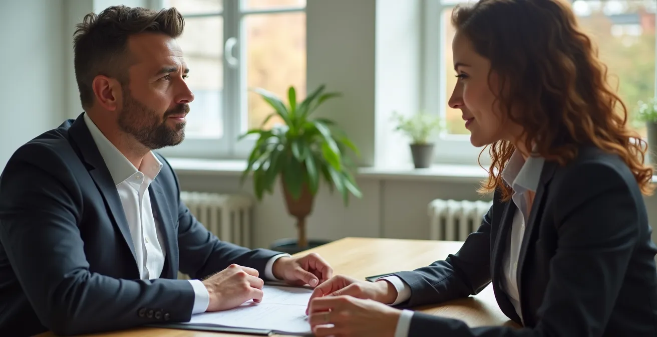 Rencontre professionnelle entre un agent immobilier et un client à Lausanne dans un bureau lumineux