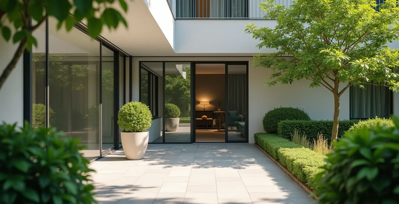 Vue extérieure d’un immeuble résidentiel à Lausanne avec espace commun et entrée soignée